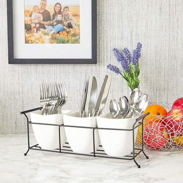 Utensil Caddy White With Grey Metal Legs