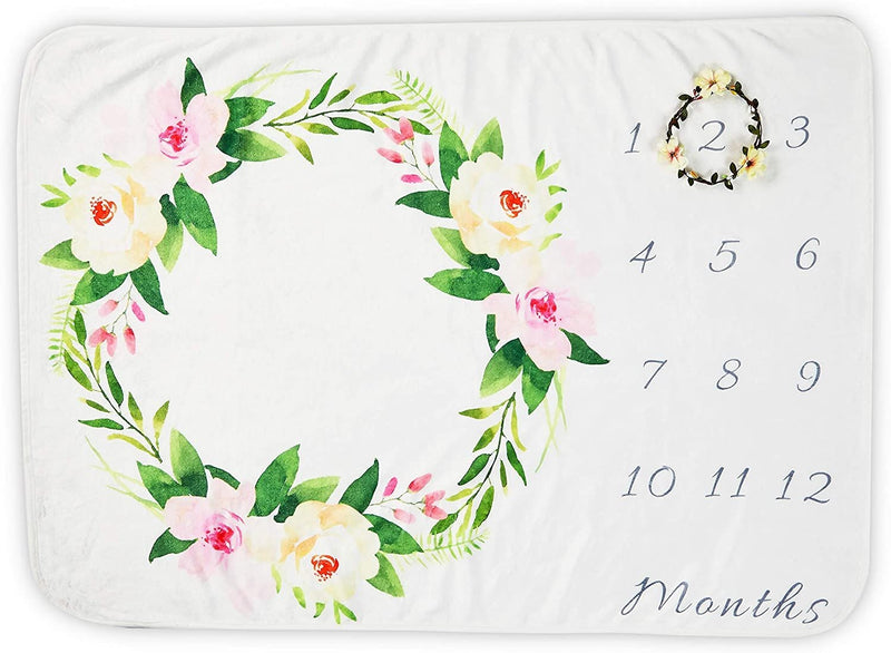 Baby Growth Blanket with Small Wreath for Monthly Milestones (40 x 27.5 in) White