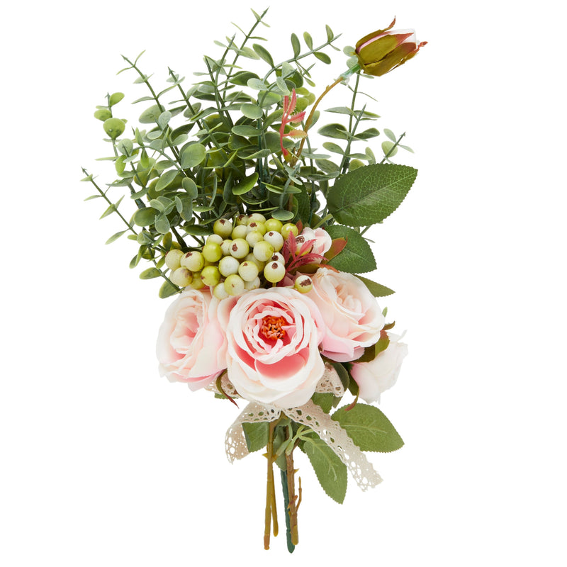 Pink Silk Roses, Eucalyptus and Berry Bridal Bouquet, Wedding Centerpiece (15.7x7 In)