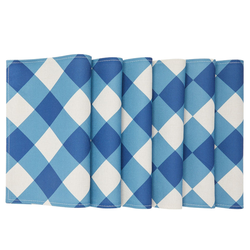 Set of 6 Blue and White Plaid Cloth Placemats, 16.8x12.8-Inch Burlap and Polyester Washable Table Mats with Buffalo Design, Farmhouse-Style Dining Table Decorations