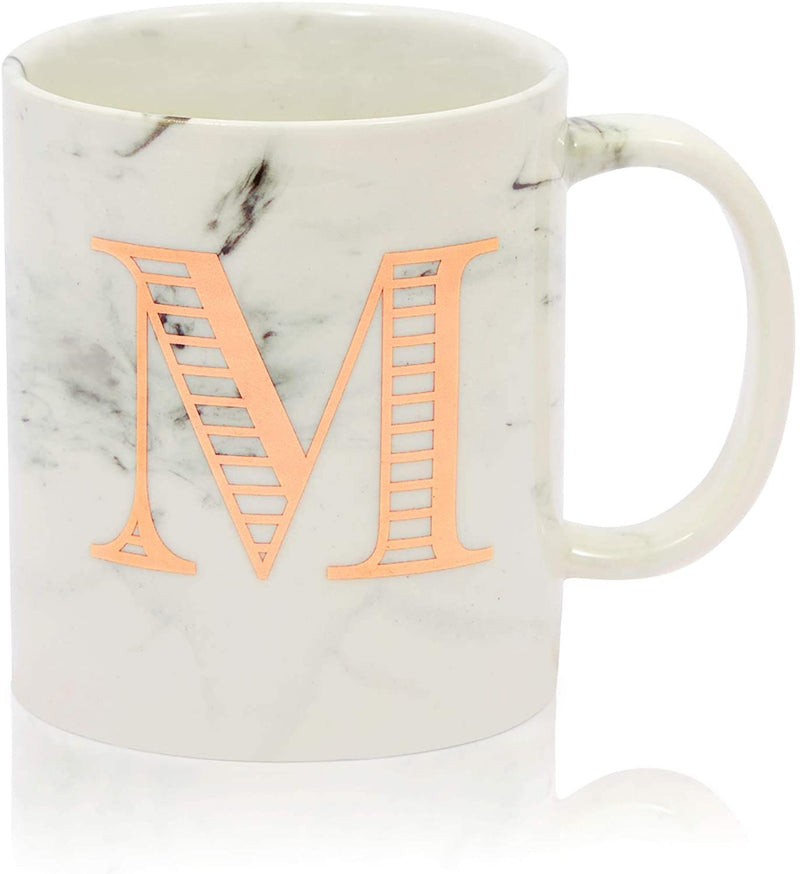 Rose Gold Letter M Monogram Mug, White Marble Ceramic Coffee Cup (11 oz)