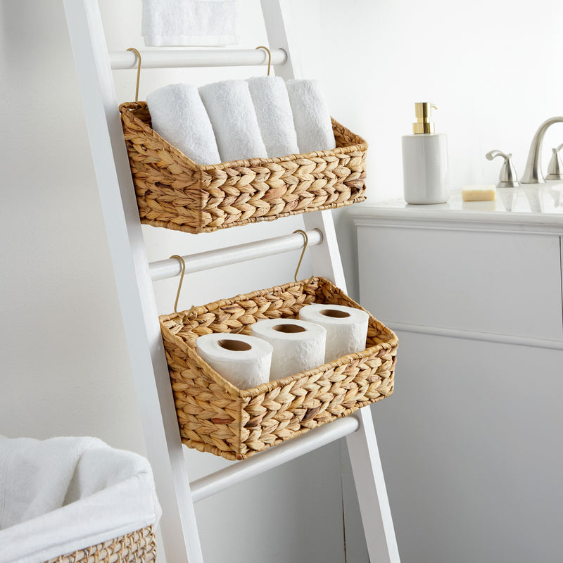2 Pack Wall Mounted Hyacinth Storage Baskets with Hooks for Bathroom, Laundry Room, Nursery (15 x 6 x 6 Inches)