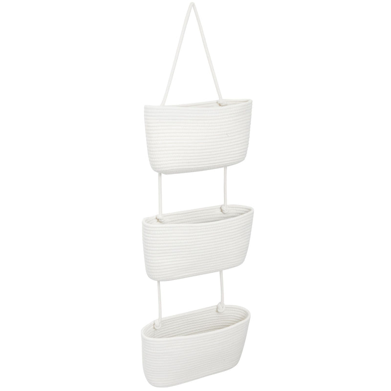 3-Tier Over The Door Basket Organizer with Iron Hook, Jute Rope Baskets for Storage for Notebooks, Magazines, Books, Mail, Flowers, Bathroom, Bedroom (White, 15x3x4 in)