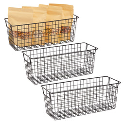 3 Pack Metal Wire Storage Baskets for Shelves, Pantry, Closet, Long Narrow Organizer Bin (Black, 16 x 6 x 6 In)