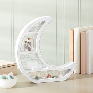Small Wooden Crescent Moon Shelf for Crystals and Essential Oils, Rustic Home Decor for Nursery, White (10.7 x 11.2 x 2 In)