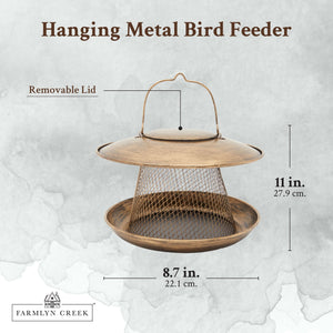 Hanging Metal Bird Feeder for Outdoor Patio, Garden, and Lawn, 10.5x10.5x9-Inch Covered Mesh Feeder Holds Up To 2.5 Lbs of Sunflower Seeds, Ideal for Small and Medium Sized Birds (Gold)
