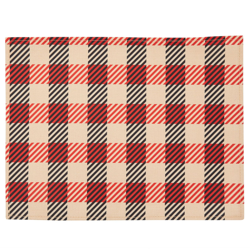 Set of 6 Red, Black, and Tan Plaid Cloth Placemats, 16.8x12.8-Inch Burlap and Polyester Washable Table Mats with Buffalo Design, Farmhouse-Style Dining Table Decorations