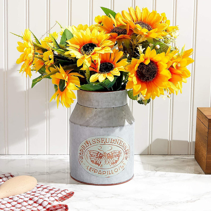 Galvanized Milk Can Metal Planter, Farmhouse Flower Vase for Indoor & Outdoor Home Decor, White, 5.5 x 8 in.