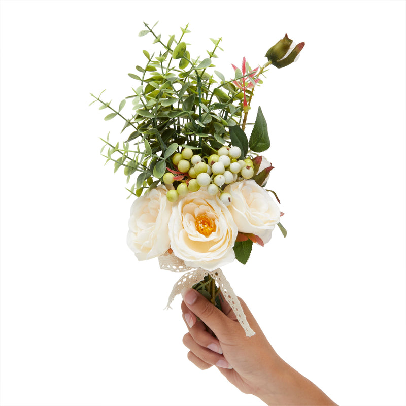 Champagne Silk Roses, Eucalyptus and Berry Bridal Bouquet, Wedding Centerpiece (15.7x7 In)