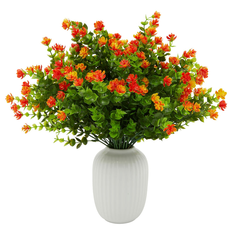 8 Pack Orange Artificial Faux Flowers with Fake Eucalyptus Leaves for Outdoor Garden Decorations, 6 x 13.5 in.