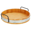 13" Bamboo Round Serving Tray with Handles for Serving, Cheese Board with Galvanized Metal Trim
