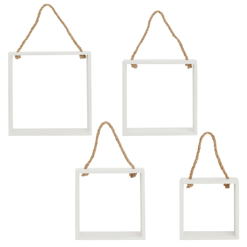 Set of 4 Square Wall Hanging Shelves in 4 Sizes for Closet, Rustic-Style Wooden Cube Shelf with Rope Hanger for Bathroom (Distressed White)