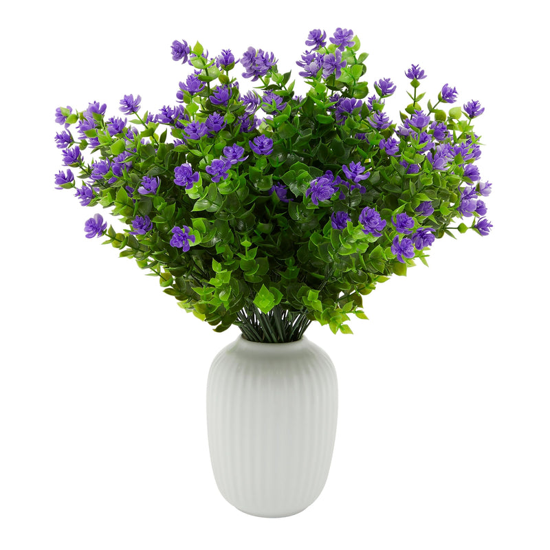 Artificial Outdoor Flowers with Eucalyptus Leaves for Gardens  (Purple, 6 x 13.5 Inches, 8 Bundles)