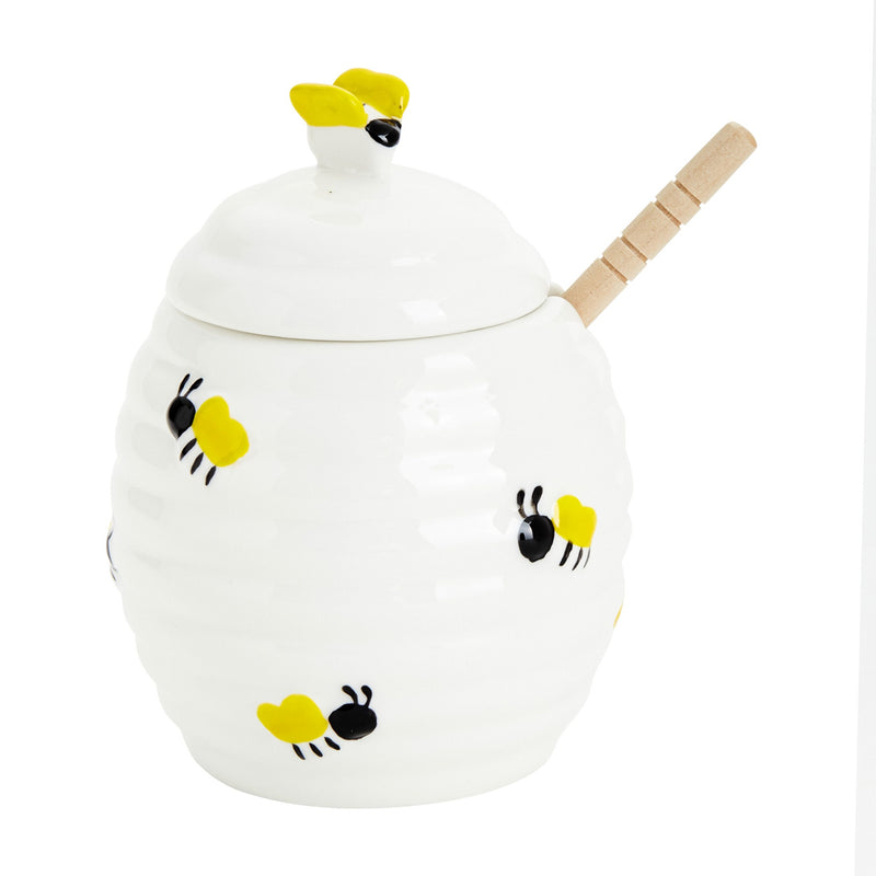 4 Piece Ceramic Beehive Honey Jar and Dipper Set with 2 Dishes, Honey Container for Bee Kitchen Decor (15 oz)