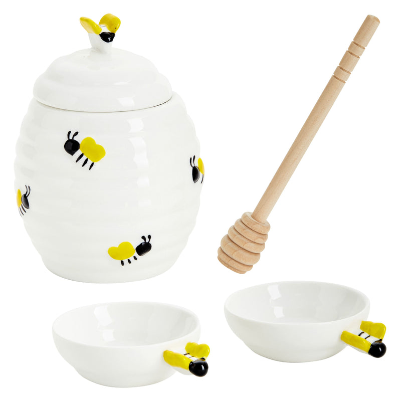 4 Piece Ceramic Beehive Honey Jar and Dipper Set with 2 Dishes, Honey Container for Bee Kitchen Decor (15 oz)