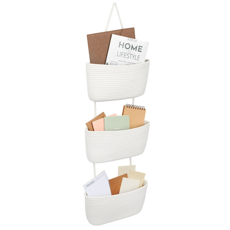 3-Tier Over The Door Basket Organizer with Iron Hook, Jute Rope Baskets for Storage for Notebooks, Magazines, Books, Mail, Flowers, Bathroom, Bedroom (White, 15x3x4 in)