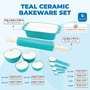 Teal Ceramic Bakeware Set, Loaf Pan, Rolling Pin, Spoons and Cups (10 Pieces)