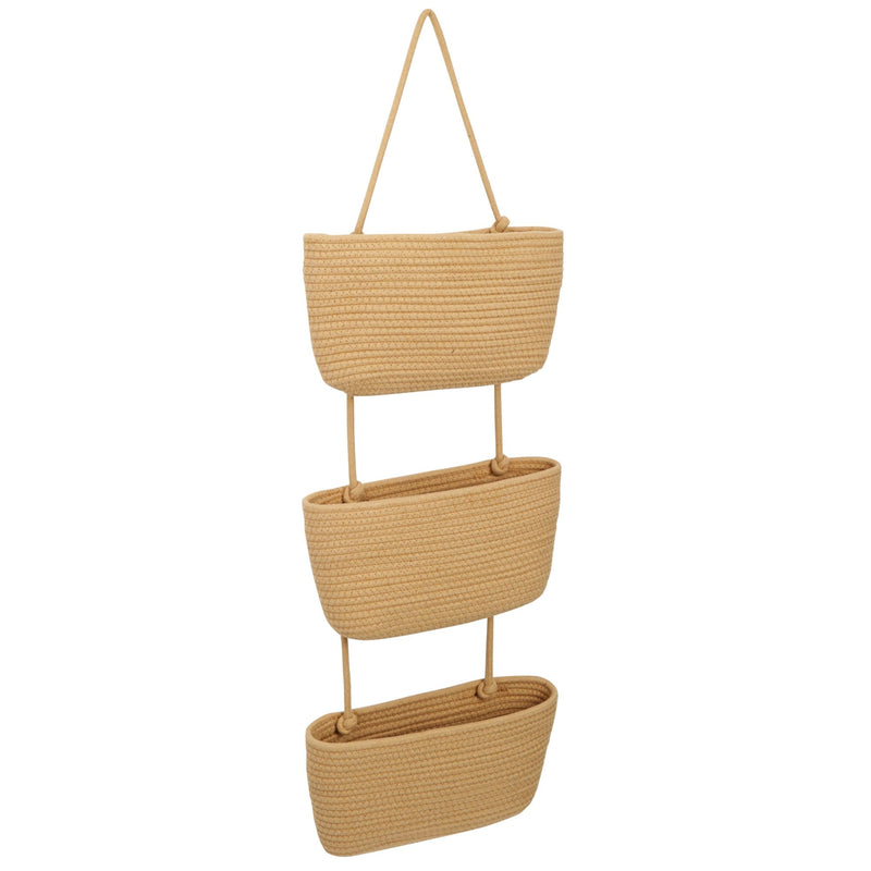 3-Tier Over The Door Basket Organizer with Iron Hook, Jute Rope Baskets for Storage for Notebooks, Magazines, Books, Mail, Flowers, Bathroom, Bedroom (Beige, 15x3x4 in)