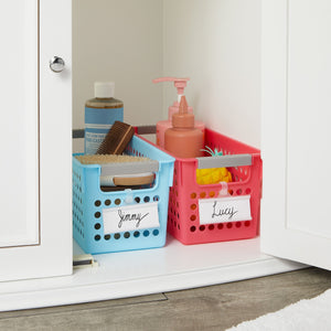 4 Pack Plastic Storage Baskets with Handles, Small Bathroom Organizing Bins for Shelves and Laundry, 4 Colors, 11.5x5x5 inches