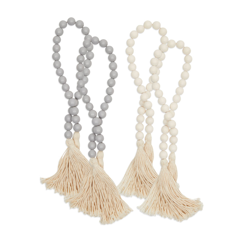 Set of 4 Farmhouse Wood Beads with Tassels, Decorative Wooden Garlands for Table, Shelf, or Wall Decor (27 in)