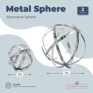 2 Piece Metal Decorative Spheres for Home Decor, Table, Rustic Style Shelf Decor Accents (Distressed Silver, 2 Sizes)