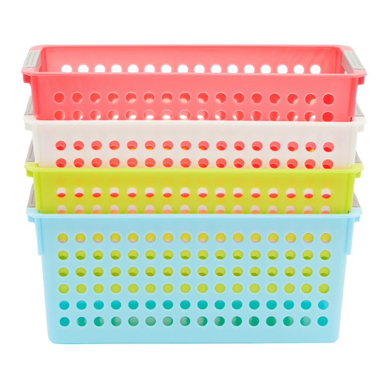 4 Pack Plastic Storage Baskets with Handles, Small Bathroom Organizing Bins for Shelves and Laundry, 4 Colors, 11.5x5x5 inches