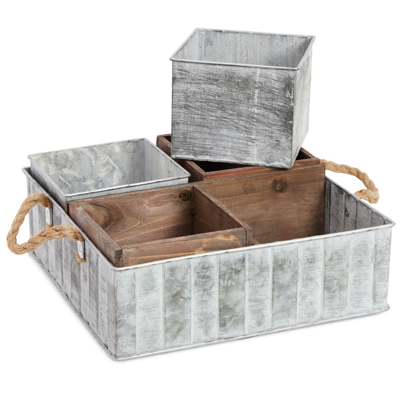 5 Piece Galvanized Metal Tray with Dividers and Removable Wooden Storage Boxes, Rustic Kitchen Decor (13 x 5 In)