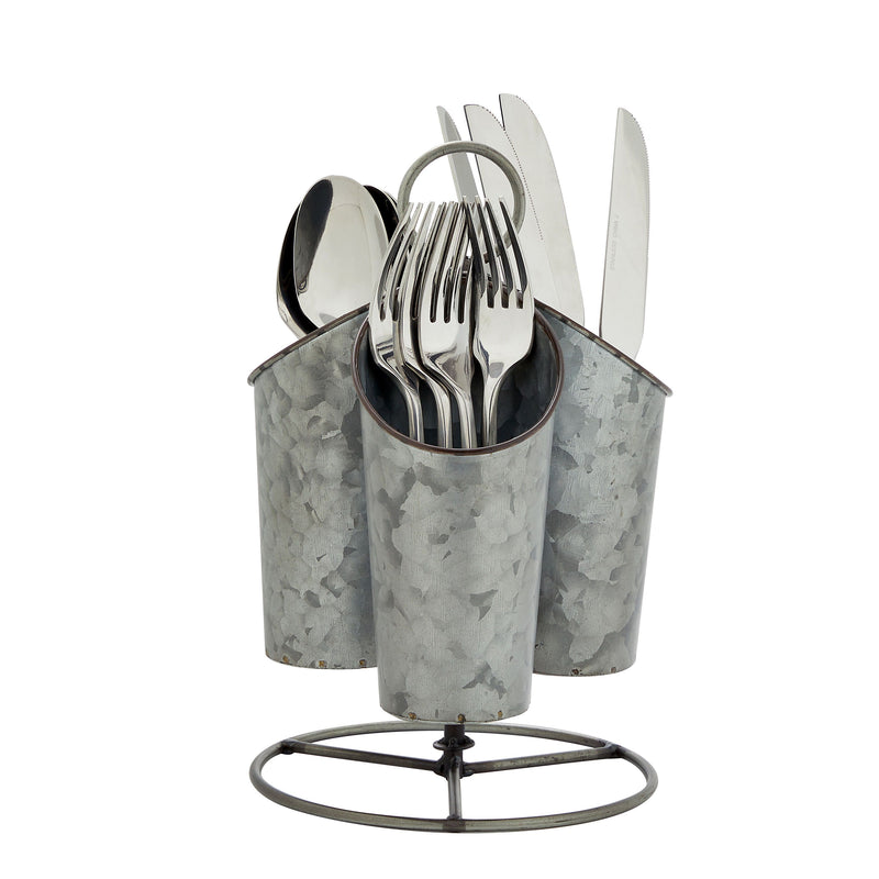 Rotating Kitchen Utensil Holder for Countertop with 3 Compartments, Galvanized Flatware Caddy (6 x 10 In)
