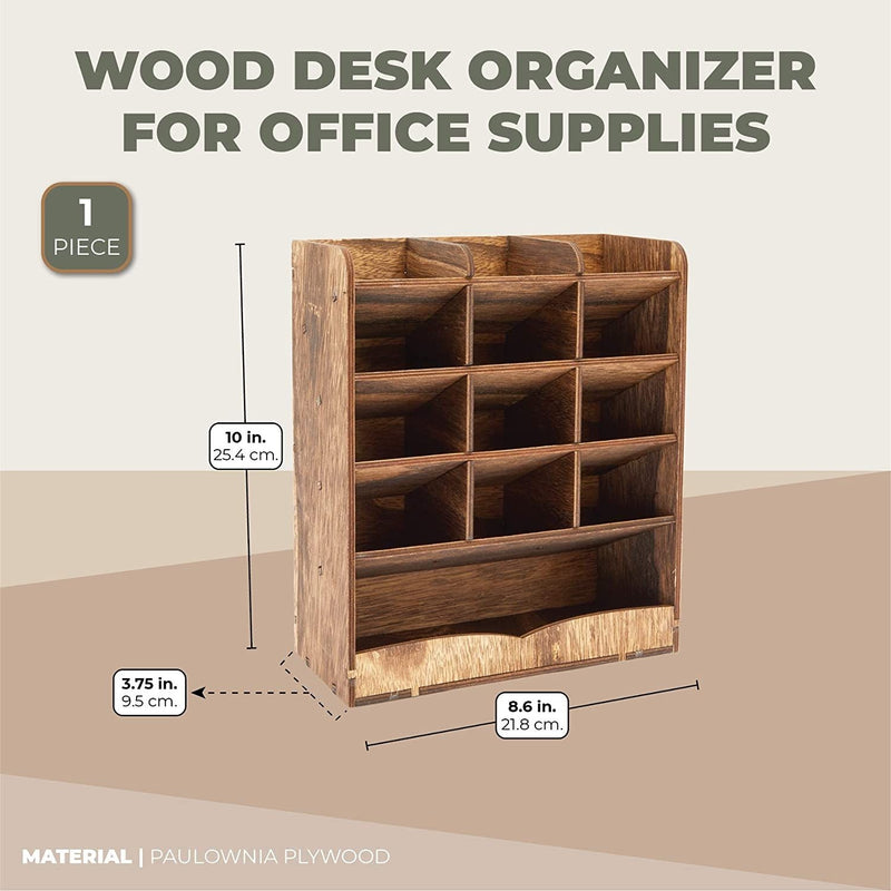 Wooden Pencil Holders Desk Storage Organizer, 12 Slots Office Supplies, Brown, 8.5 x 10 x 3.7 in