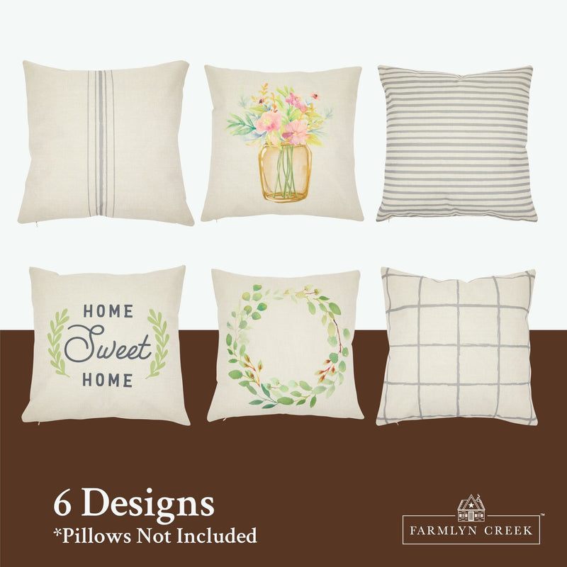 Set of 6 Farmhouse Throw Pillow Covers for Living Room, Home Sweet Home Linen Sofa Cushion Cases (18 x 18 In)