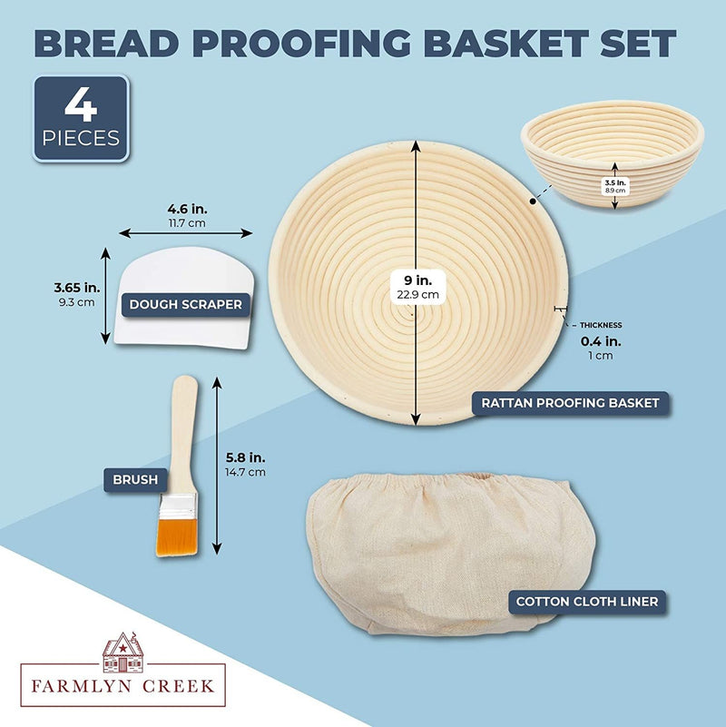 Set of 4 Bread Proofing Basket 9" with Plastic Scraper, Cloth Liner and Brush