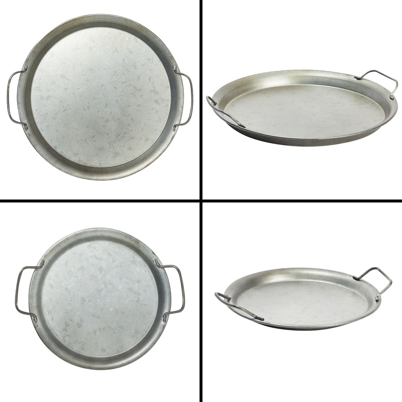 Set of 2 Round Serving Tray with Handles for Galvanized Rustic Style Home Decor, Kitchen Storage (Large and Small)
