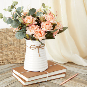 Artificial Flower Arrangements with White Ceramic Vase, Pink Roses and Eucalyptus