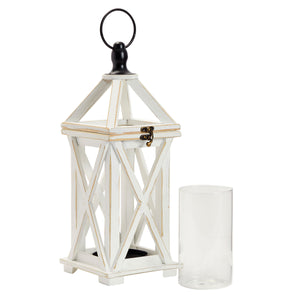 Wooden Decorative Lantern Candle Holder with Glass Hurricane for Fireplace, Rustic Tabletop Decor (White, 6 x 15 In)
