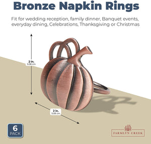 Farmlyn Creek Bronze Napkin Ring Set, Pumpkin Decor for Thanksgiving Holidays (2 in, 6 Pack)