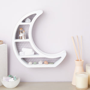 Small Wooden Crescent Moon Shelf for Crystals and Essential Oils, Rustic Home Decor for Nursery, White (10.7 x 11.2 x 2 In)