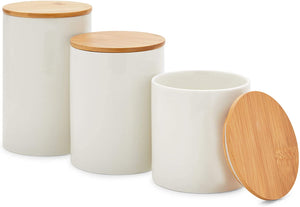 White Ceramic Kitchen Canisters with Bamboo Lids (3 Sizes, 3 Pack)