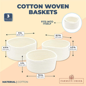Farmlyn Creek Cotton Woven Baskets for Storage, White Organizers (3 Sizes, 3 Pack)