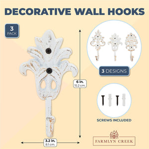 Cast Iron Coat Hooks with Screws, Wall Mounted, Vintage Design (White, 8.3 in, 3 Pack)