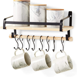 Floating Kitchen Shelf with 8 S Hooks, Wall Mounted (15.75 x 7 x 7 Inches)