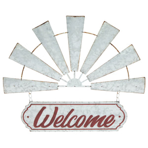 Windmill Welcome Sign for Rustic Farmhouse Wall Decor, Galvanized Metal (White, 17 x 15 In)