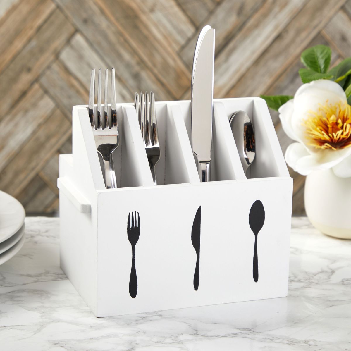 Wooden Utensil Holder for Countertop (7 x 5.5 x 6.6 Inches, White) –  Farmlyn Creek