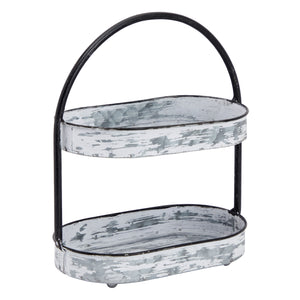 Galvanized 2-Tiered Tray Stand with Handle for Farmhouse Decor, White Distressed Finish (9 x 5 x 11 In)
