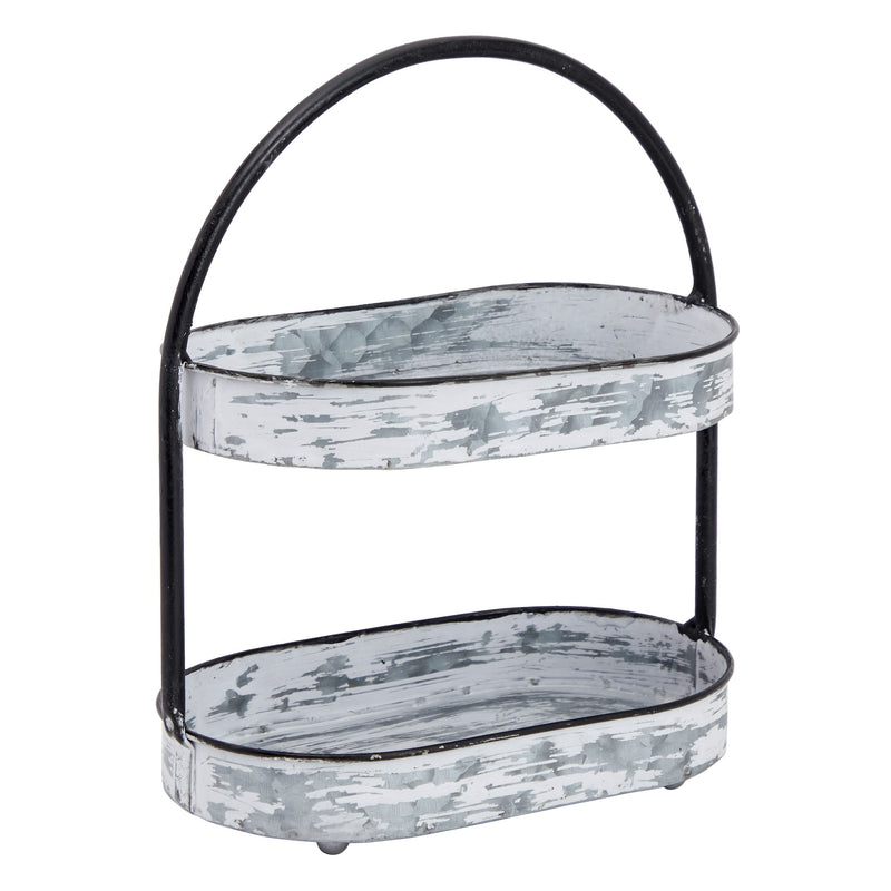 Galvanized 2-Tiered Tray Stand with Handle for Farmhouse Decor, White Distressed Finish (9 x 5 x 11 In)