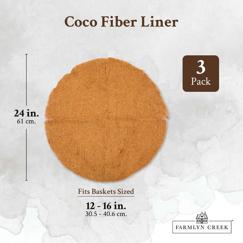Coco Fiber Liner for 12” to 16” Hanging Metal Basket (24 in, 3 Pack)