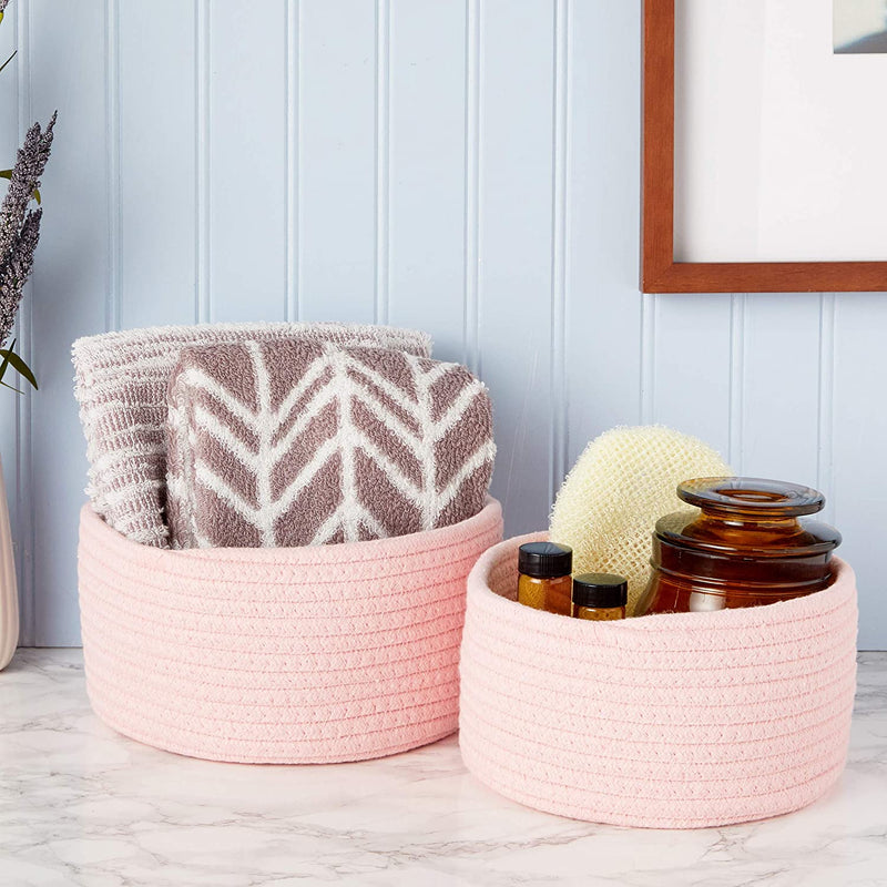Farmlyn Creek Cotton Woven Baskets for Storage, Pink Organizers (2 Sizes, 2 Pack)
