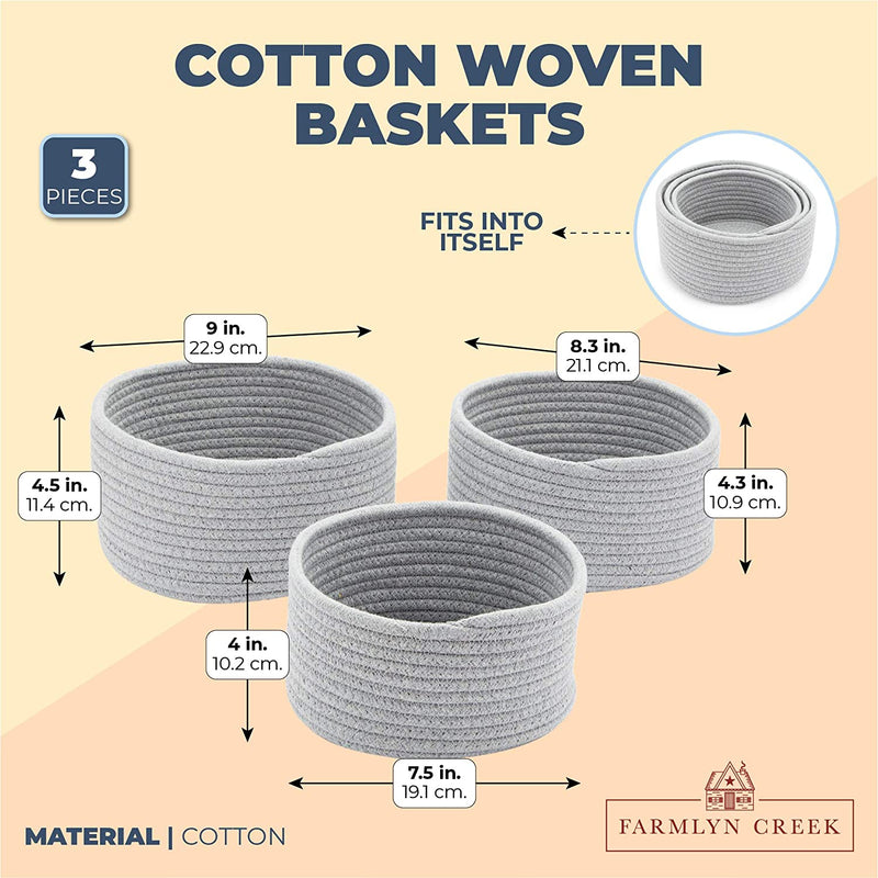Farmlyn Creek Cotton Woven Baskets for Storage, Grey Organizers (3 Sizes, 3 Pack)