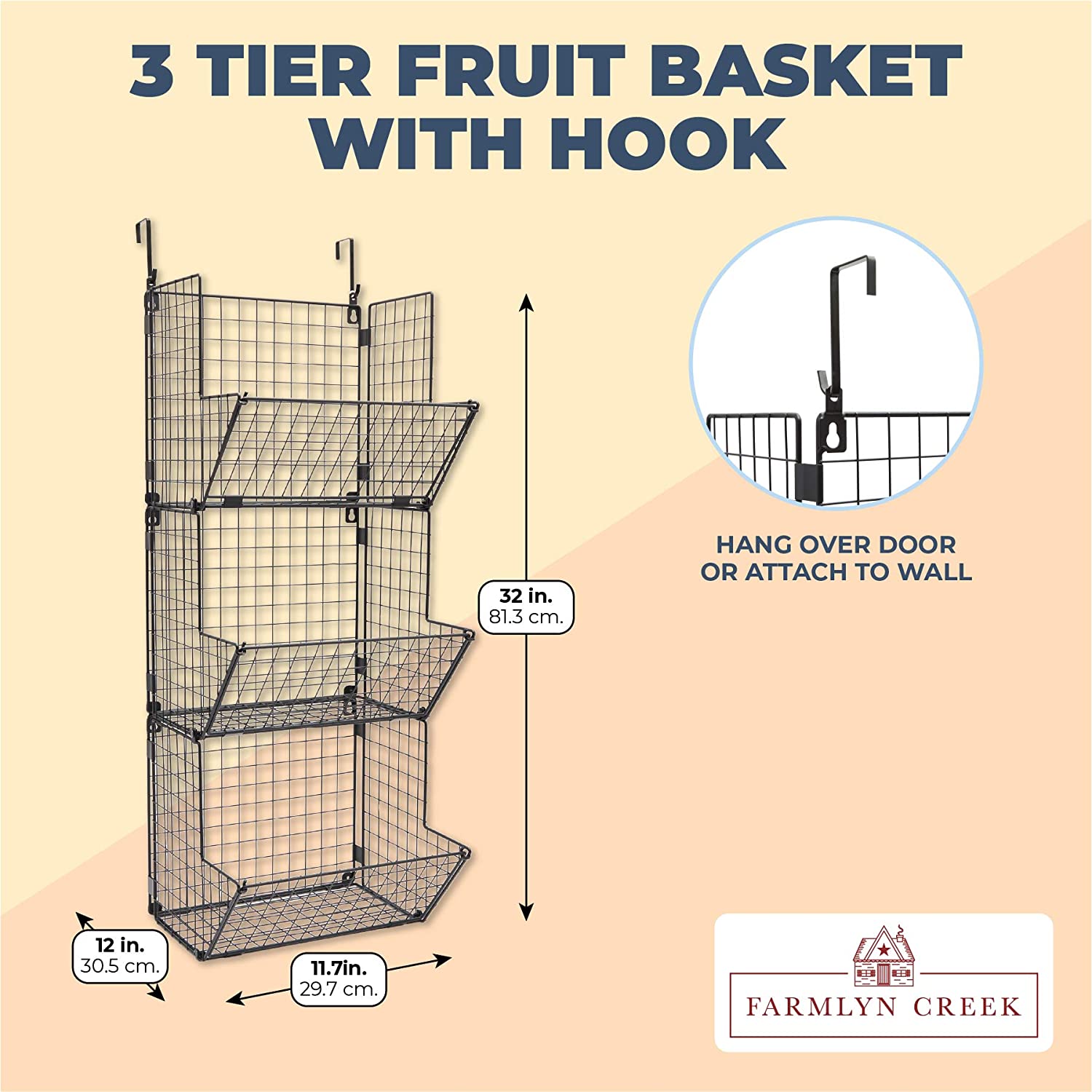 Farmlyn Creek 3 Pieces Black Wall Mounted Wire Baskets, Hanging Organizers for Kitchen Storage, Assorted Sizes