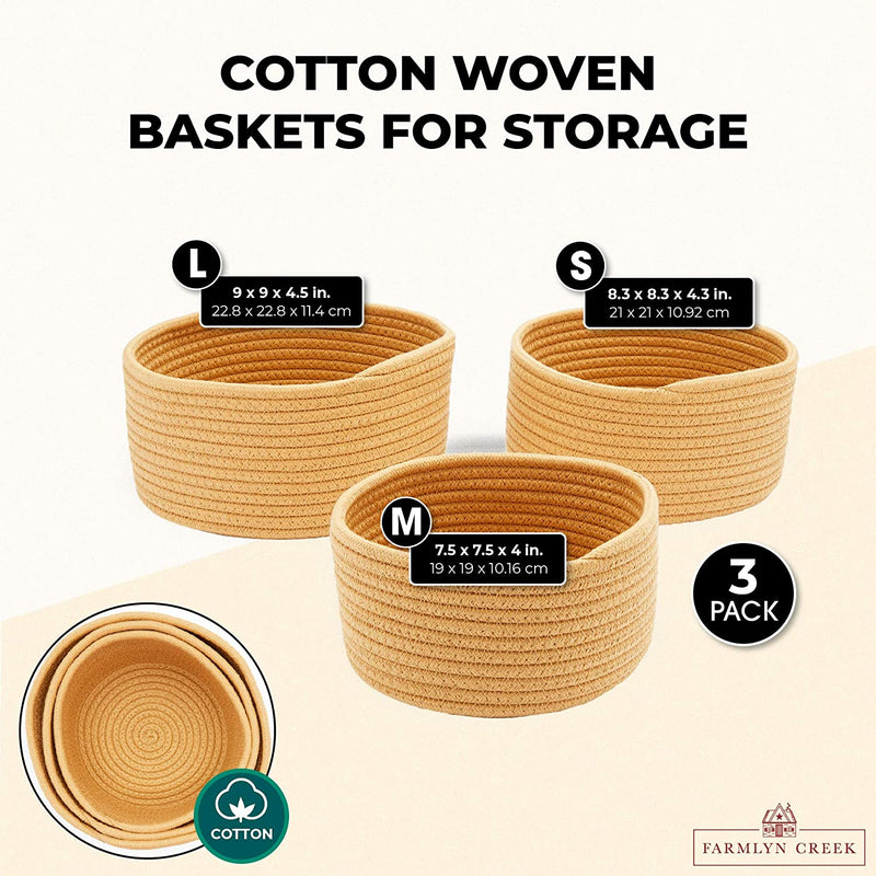Farmlyn Creek Cotton Woven Baskets for Storage, Brown Organizers (3 Sizes, 3 Pack)