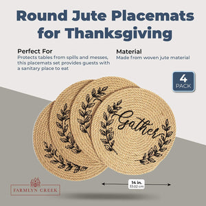 Gather Jute Woven Placemats, Thanksgiving Placemat Set (13 in, 4 Pack)